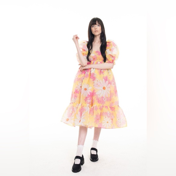 💫NWT💫Selkie French Puff Midi Dress Goldie Yellow Pink Daisy Floral Print L - Picture 10 of 11